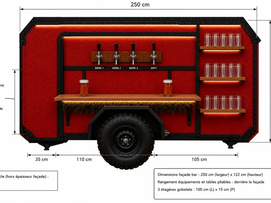 Plan technique de la façade bar : 250 cm de largeur, 122 cm de hauteur, trois becs et trois étagères à gobelets